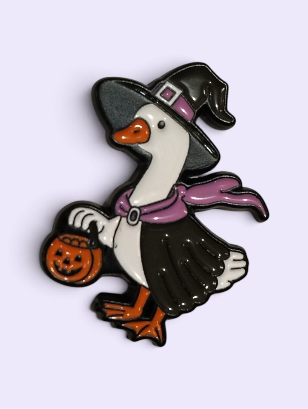 Halloween Goose Costume Pin – Black & Purple Witch Goose
